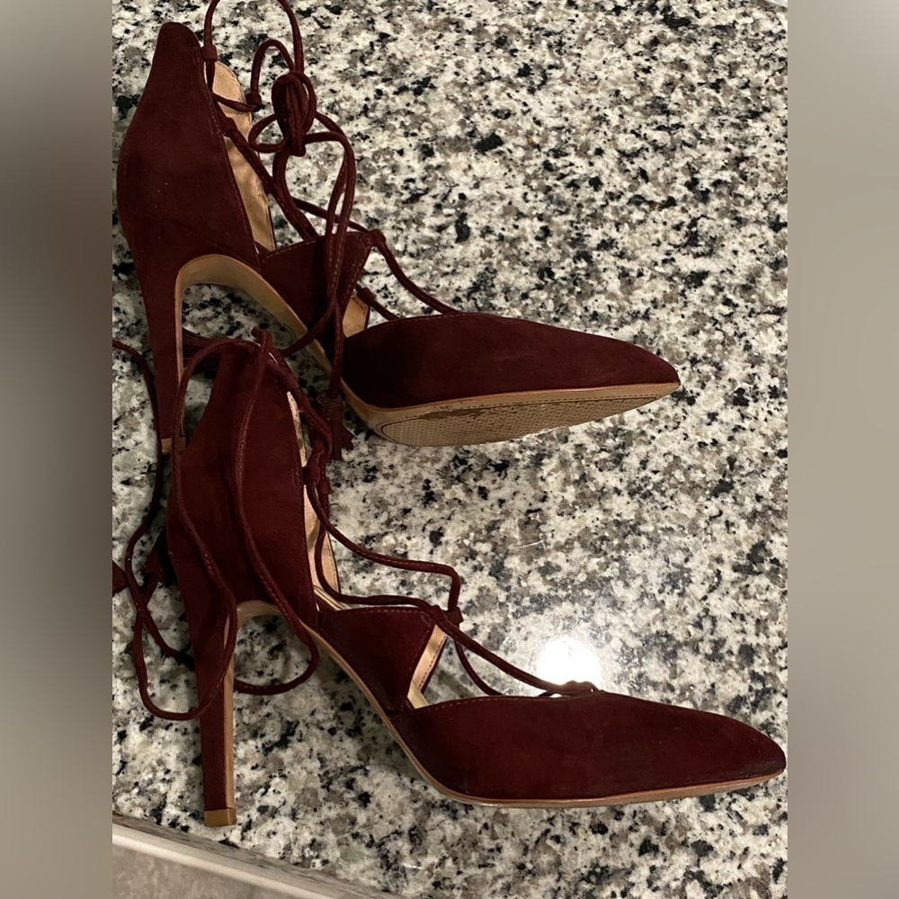 Jessica Simpson Suede Red Wine Burgundy High Heels Tie Up - Picture 5 of 9